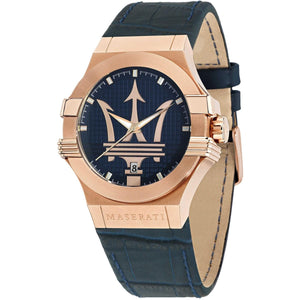 Maserati Potenza R8851108027 men's quartz battery watch with blue textured dial, rose gold-tone case, blue leather strap main view