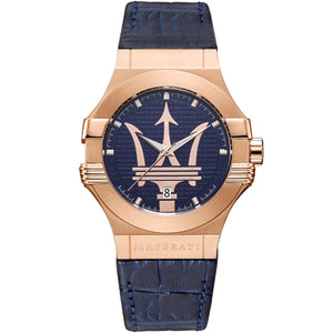 Luxury watch with rose gold case and blue strap on a white background