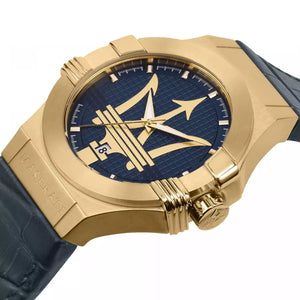 Left angled view of Maserati Potenza R8851108035 men's quartz battery watch showing blue leather strap and gold-tone case profile