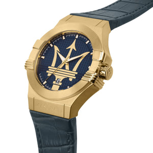 Right angled view of Maserati Potenza R8851108035 men's quartz battery watch highlighting gold finish and Trident logo details