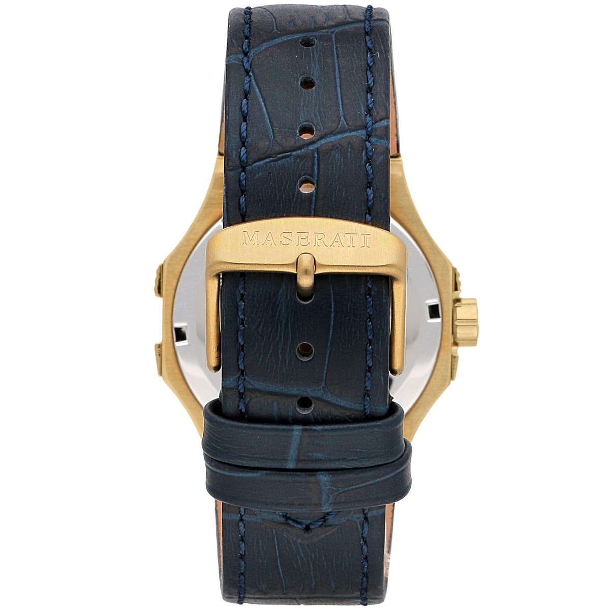 Gold-tone buckle clasp on Maserati Potenza R8851108035 men's quartz battery blue leather strap watch