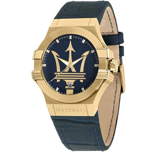 Maserati Potenza R8851108035 men's quartz battery watch with blue waffle dial, gold-tone case, blue alligator-pattern leather strap main view