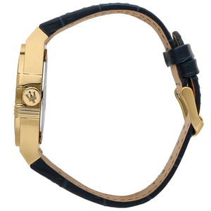 Side profile of Maserati Potenza R8851108035 men's quartz battery watch showing 11mm thickness and gold finish
