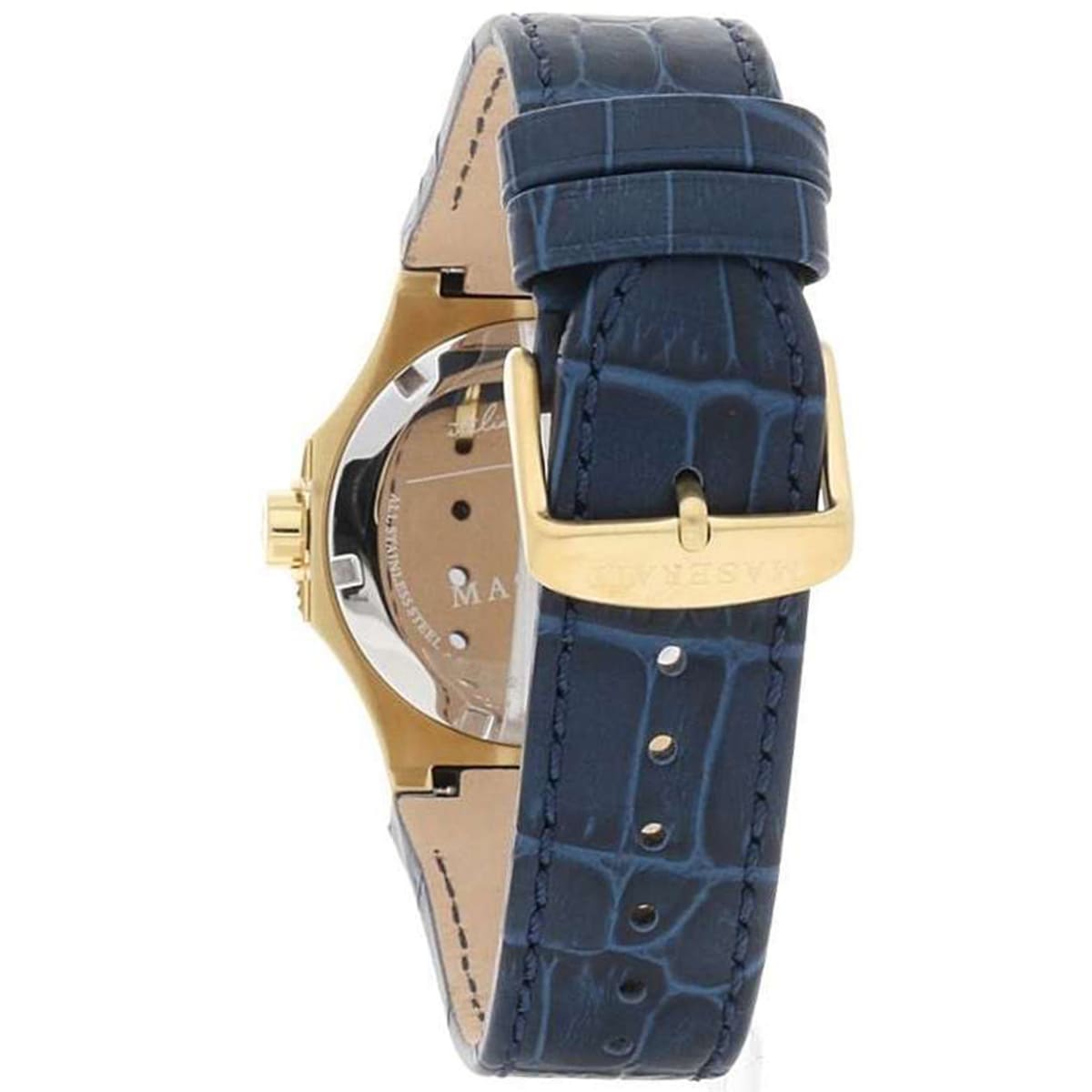 Gold-tone buckle clasp on Maserati Potenza R8851108035 men's quartz battery blue leather strap watch