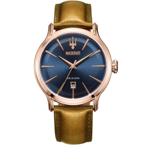 Maserati Epoca R8851118001 men's watch with rose gold case, blue sunray dial, and brown leather strap