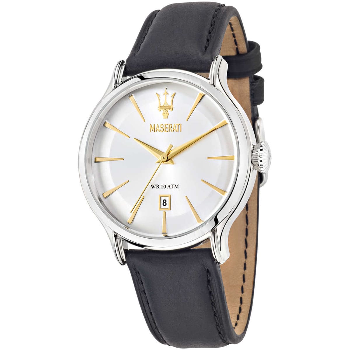 Maserati Epoca R8851118002 men's quartz battery watch with silver sunray dial, gold-tone accents, silver-tone case and black leather strap main view