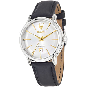 Maserati Epoca R8851118002 men's quartz battery watch with silver sunray dial, gold-tone accents, silver-tone case and black leather strap main view