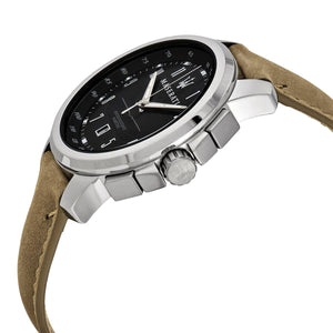 Left angled view of Maserati Successo R8851121004 men's quartz battery watch showing beige leather strap and silver-tone case profile