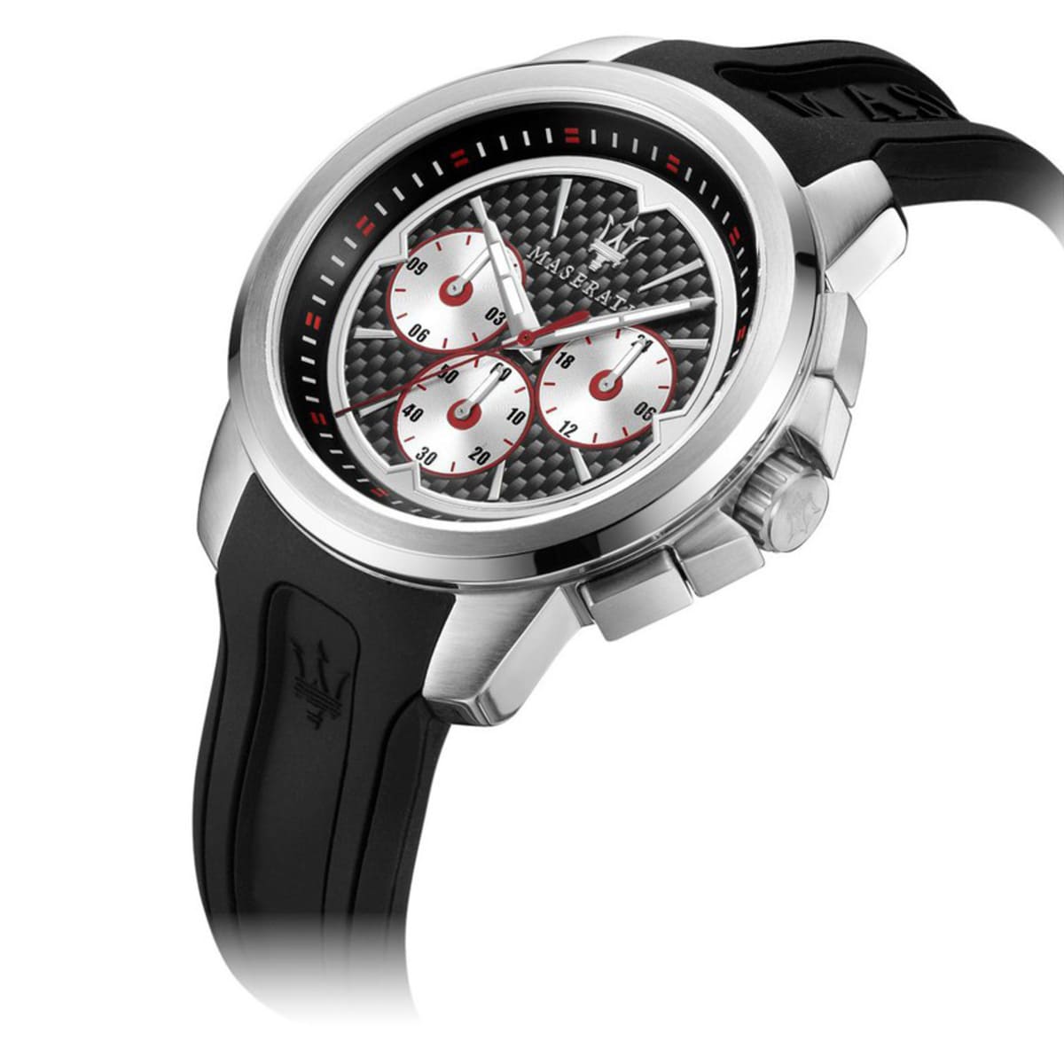 Right angled view of Maserati Sfida R8851123001 men's quartz battery watch highlighting carbon fiber finish and red racing accents