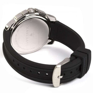 Silver-tone buckle clasp on Maserati Sfida R8851123001 men's quartz battery black rubber strap watch
