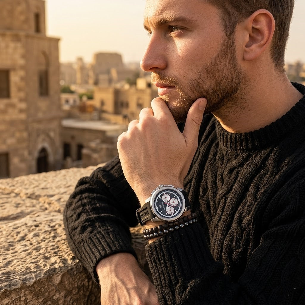 Elegant man wearing Maserati Sfida R8851123001 men's quartz battery watch with silver case and luxury racing carbon dial