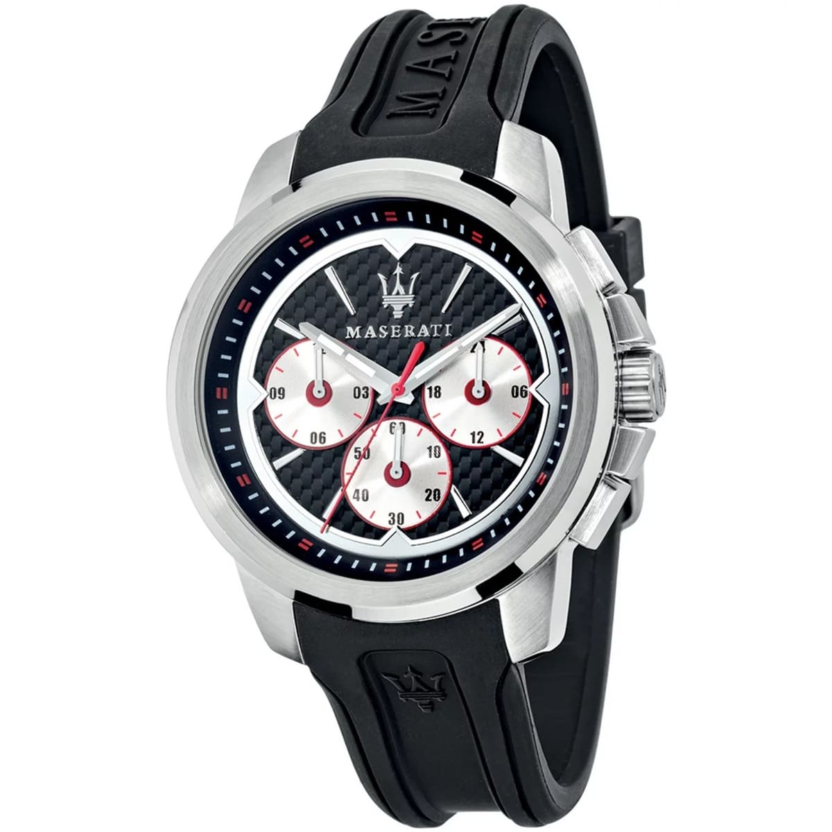 Maserati Sfida R8851123001 men's quartz battery watch with black carbon fiber dial, silver sub-dials, silver-tone case, black rubber strap main view