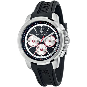 Maserati Sfida R8851123001 men's quartz battery watch with black carbon fiber dial, silver sub-dials, silver-tone case, black rubber strap main view