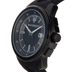 Left angled view of Maserati Sfida R8851123004 men's quartz battery watch showing black rubber strap and black PVD case profile