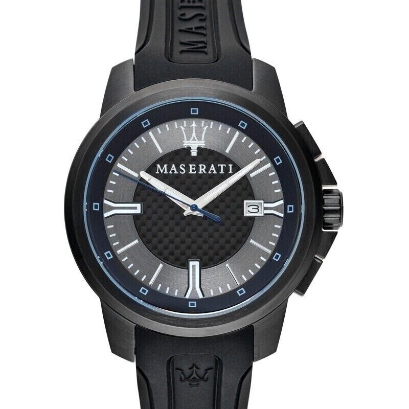 Right angled view of Maserati Sfida R8851123004 men's quartz battery watch highlighting black finish and blue dial details