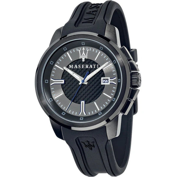 Maserati Sfida R8851123004 men's quartz battery watch with black carbon fiber dial, blue seconds hand, black PVD case, black rubber strap main view