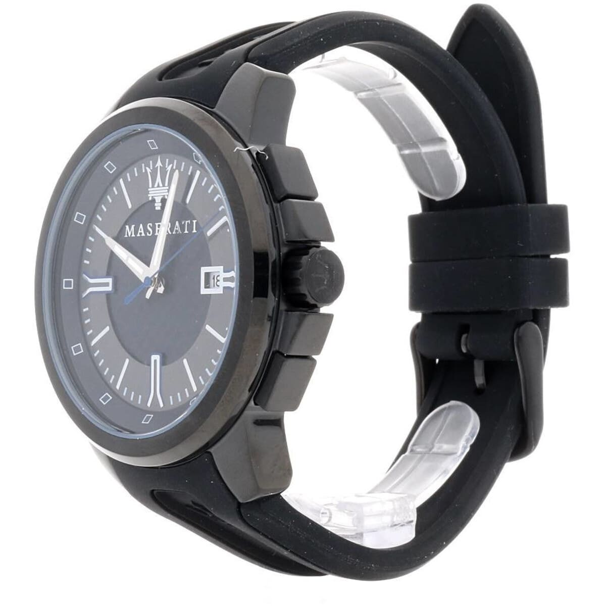 Side profile of Maserati Sfida R8851123004 men's quartz battery watch showing 11.5mm thickness and black finish