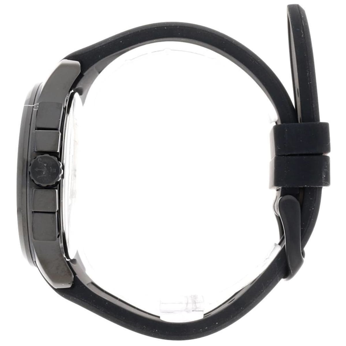 Side profile of Maserati Sfida R8851123004 men's quartz battery watch showing 11.5mm thickness and black finish