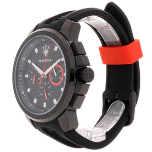 Left angled view of Maserati Sfida R8851123007 men's quartz battery watch showing black rubber strap and stealth black case profile