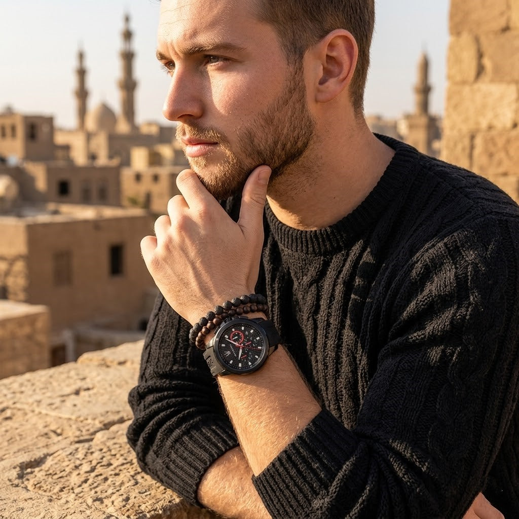 Elegant man wearing Maserati Sfida R8851123007 men's quartz battery watch with black case and luxury racing carbon dial