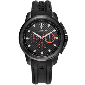 Black Maserati watch with detailed face on a white background