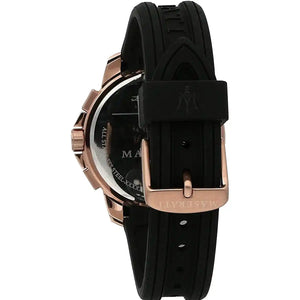 Rose gold-tone buckle clasp on Maserati Sfida R8851123008 men's quartz battery black rubber strap watch