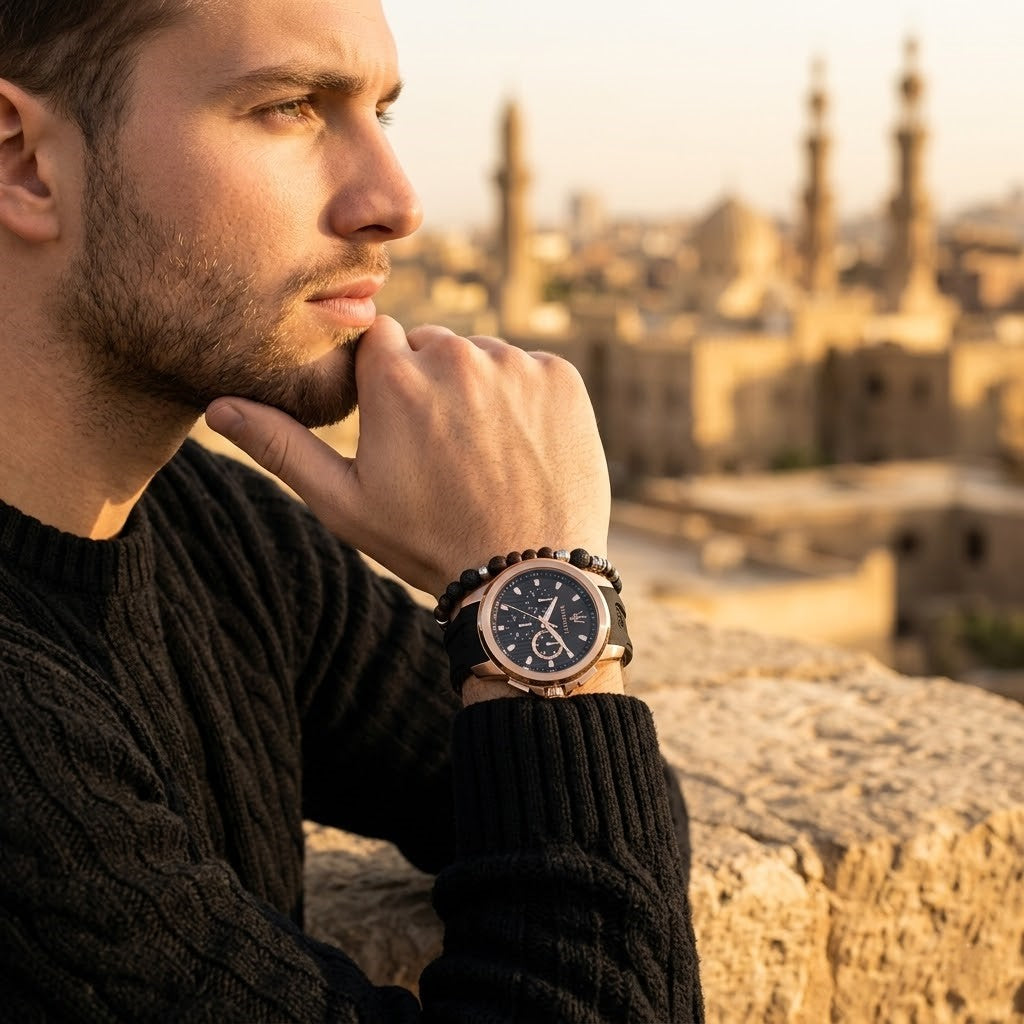 Elegant man wearing Maserati Sfida R8851123008 men's quartz battery watch with rose gold case and luxury black dial