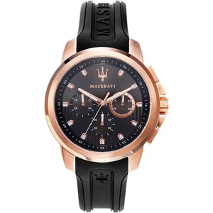 Maserati Sfida R8851123008 men's quartz battery watch with black striped dial, rose gold-tone case, black rubber strap main view