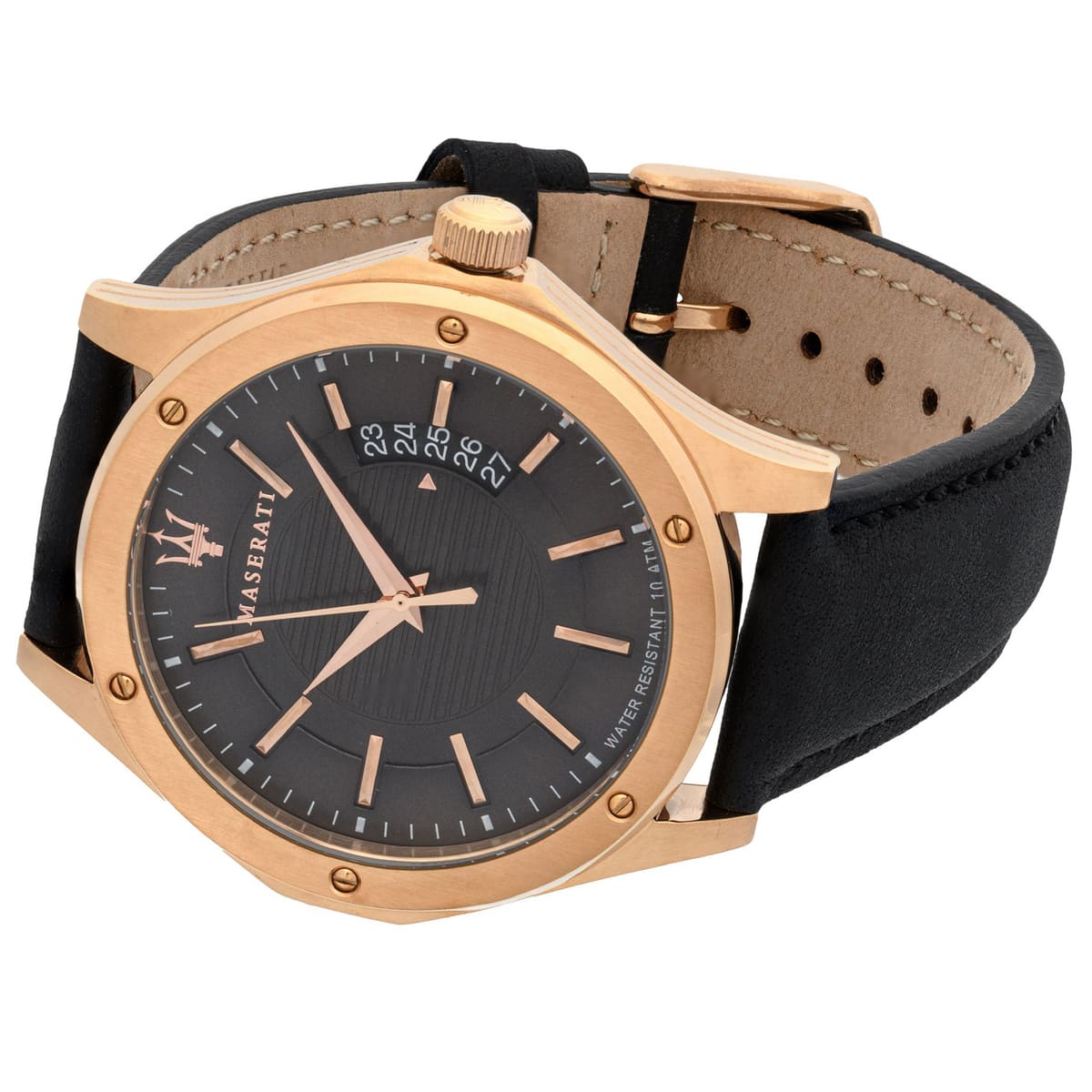 Right angled view of Maserati Circuito R8851127001 men's quartz battery watch highlighting rose gold finish and vertical date details