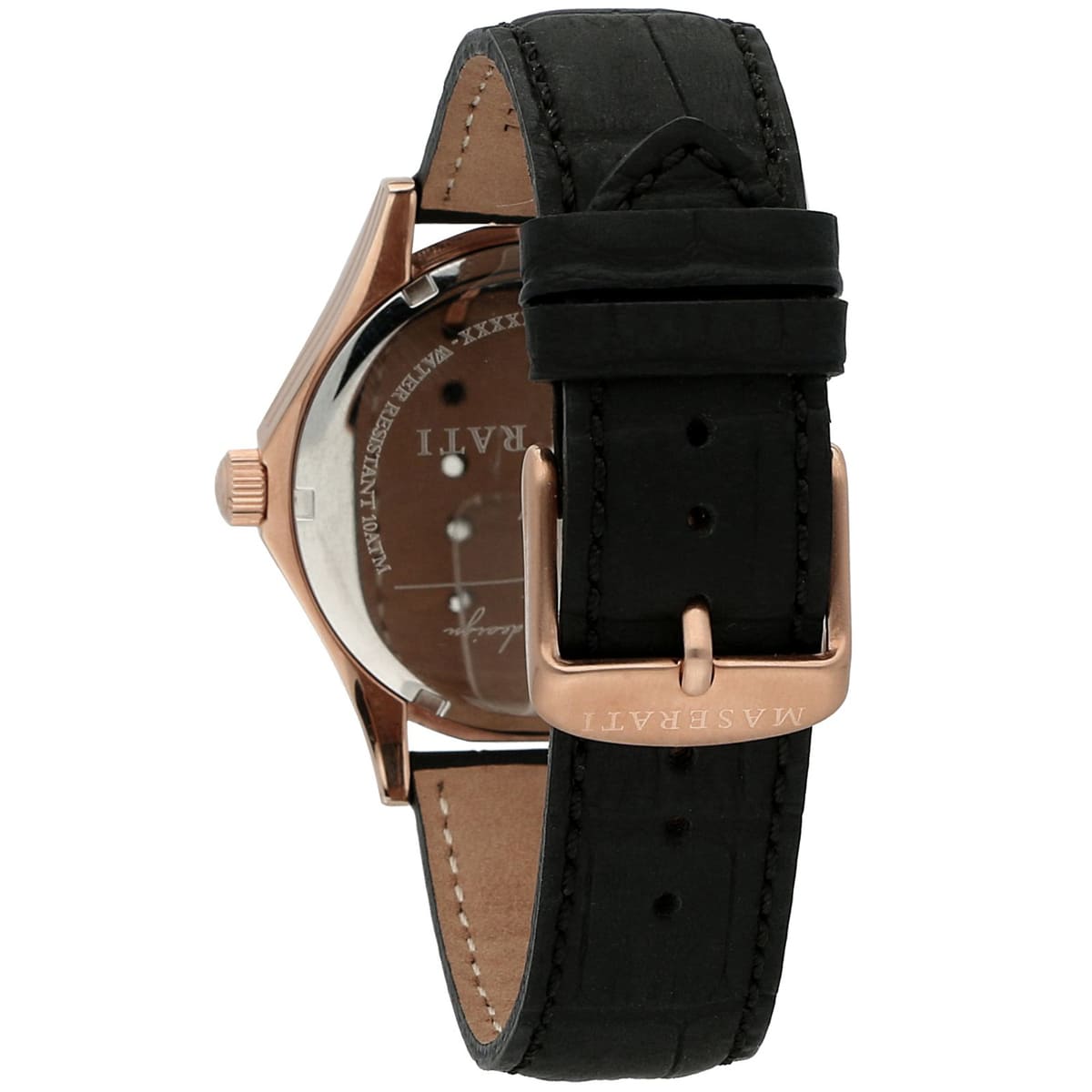 Rose gold-tone buckle clasp on Maserati Circuito R8851127001 men's quartz battery black leather strap watch