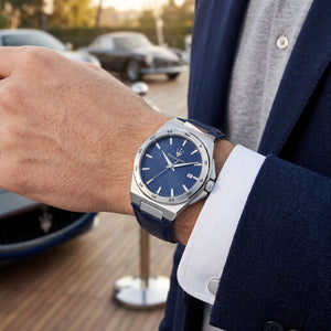 Live wrist shot of the Maserati Velocità Slim R8851153002 men's watch with blue leather strap.