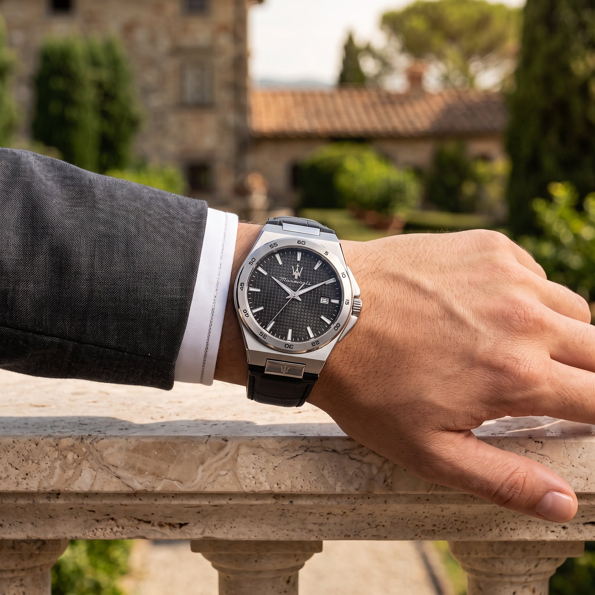 Live wrist shot of the Maserati Velocità R8851153003 men's watch with black leather strap.