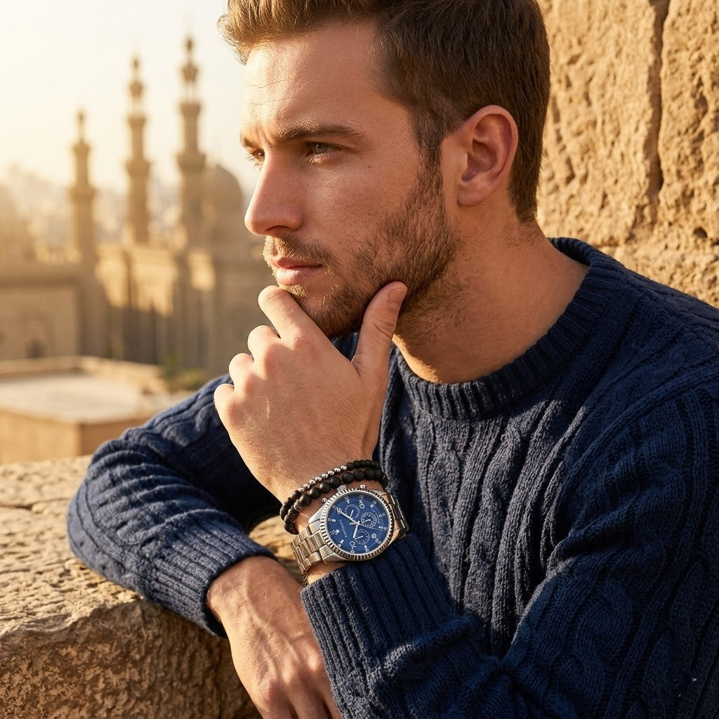 Elegant man wearing Maserati Competizione R8853100011 men's quartz battery watch with silver-tone case and luxury blue dial
