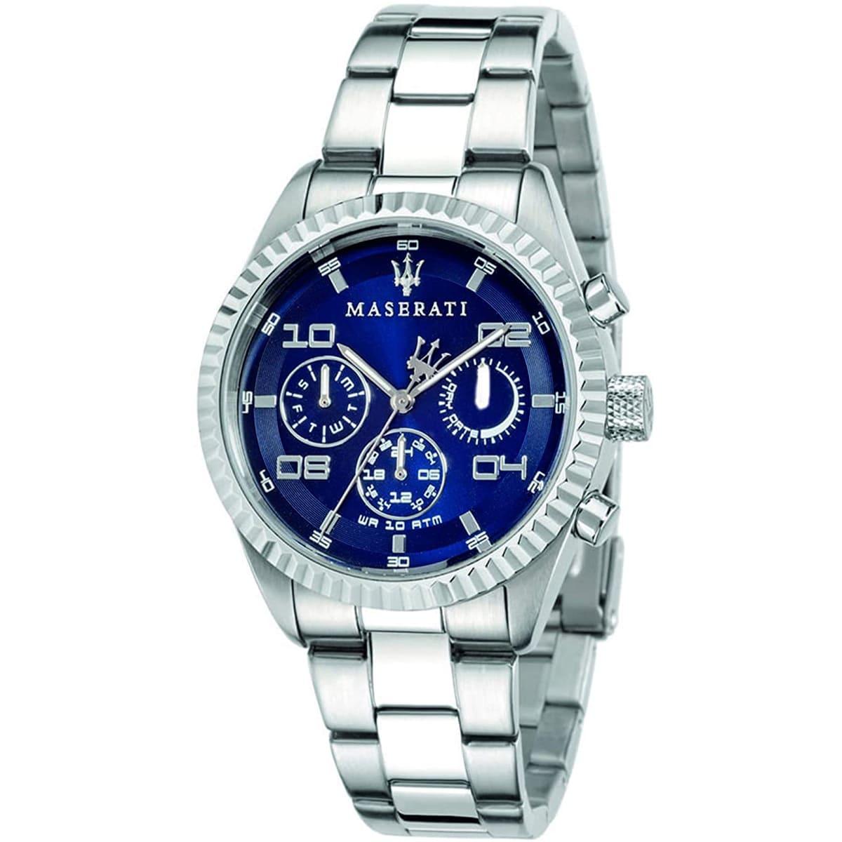 Maserati Competizione R8853100011 men's quartz battery watch with blue multi-function dial, fluted bezel, silver-tone case, silver stainless steel bracelet main view