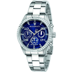 Maserati Competizione R8853100011 men's quartz battery watch with blue multi-function dial, fluted bezel, silver-tone case, silver stainless steel bracelet main view