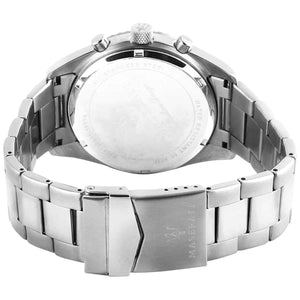 Caseback of Maserati Competizione R8853100012 men's quartz battery watch showing technical specs 100m water resistance and metal bracelet