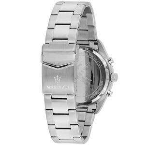 Silver-tone deployment clasp on Maserati Competizione R8853100012 men's quartz battery metal bracelet watch