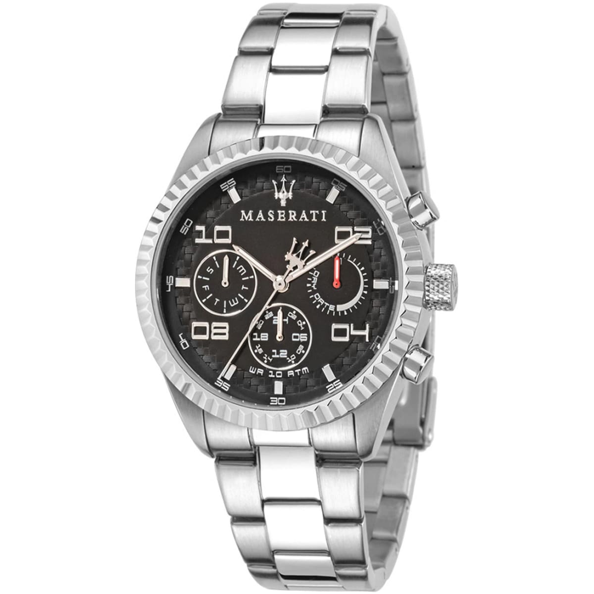 Maserati Competizione R8853100012 men's quartz battery watch with black carbon fiber multi-function dial, fluted bezel, silver-tone case, silver stainless steel bracelet main view