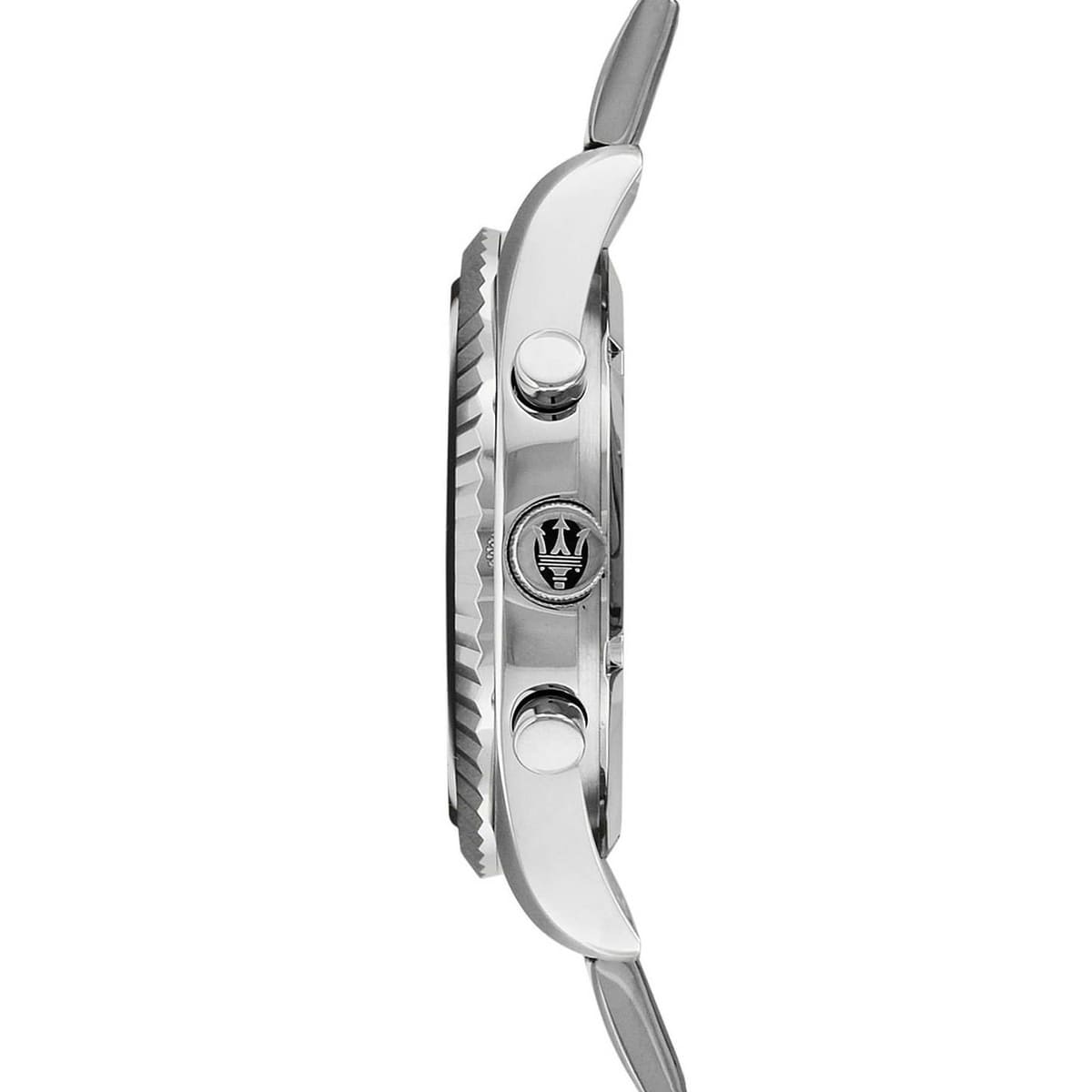 Side profile of Maserati Competizione R8853100012 men's quartz battery watch showing 11.5mm thickness and silver finish