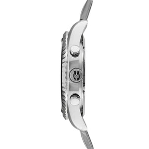 Side profile of Maserati Competizione R8853100012 men's quartz battery watch showing 11.5mm thickness and silver finish