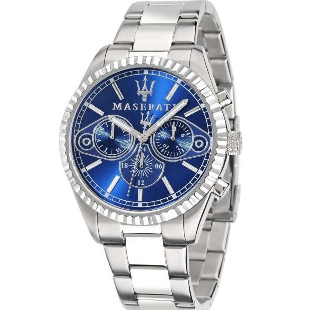 Maserati Competizione R8853100013 men's watch with silver fluted bezel case, blue sunray dial, and stainless steel bracelet