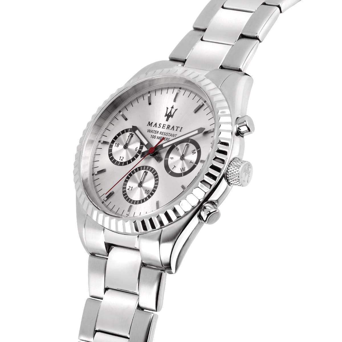 Left angled view of Maserati Competizione R8853100018 men's quartz battery watch showing silver stainless steel bracelet and case profile
