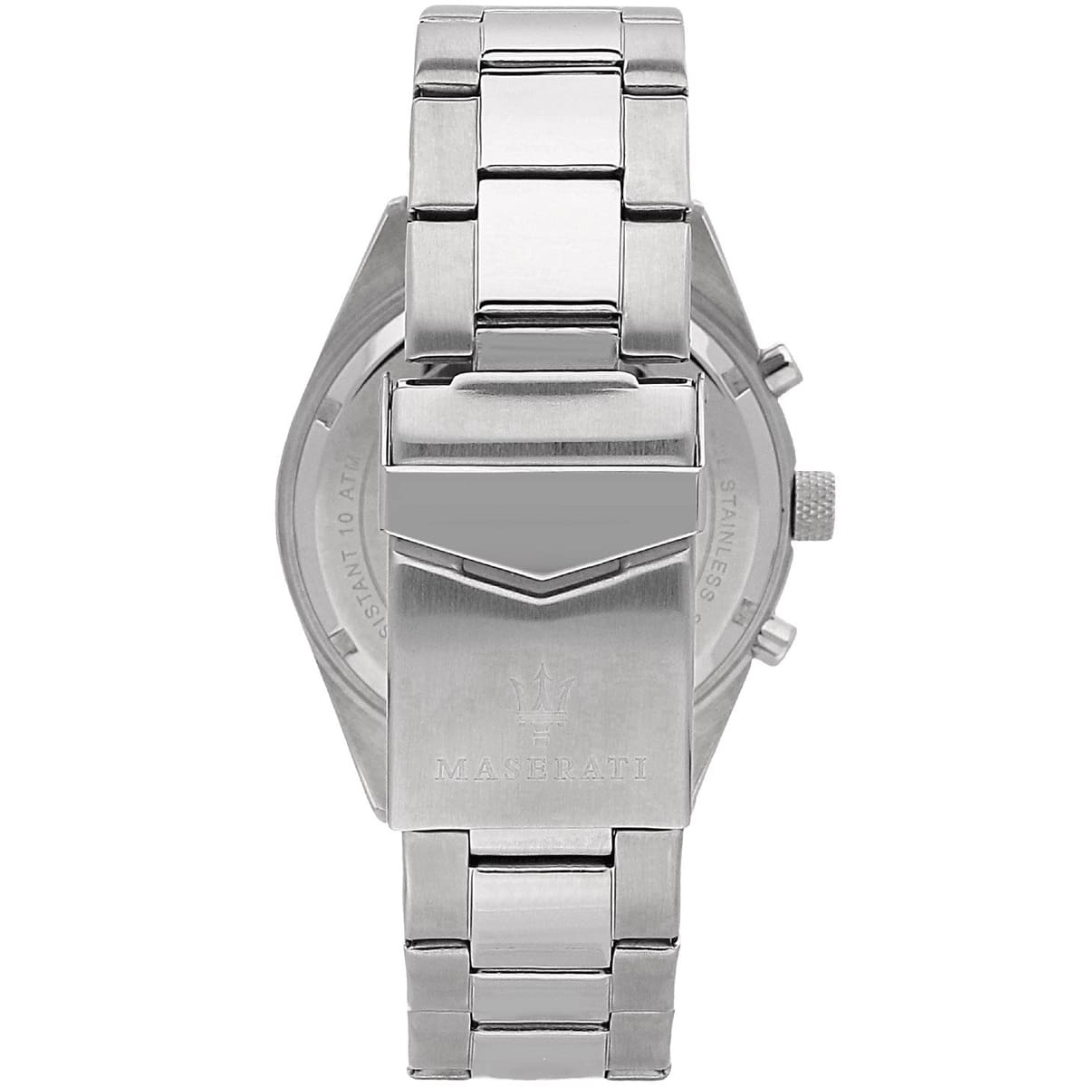 Silver-tone deployment clasp on Maserati Competizione R8853100018 men's quartz battery metal bracelet watch
