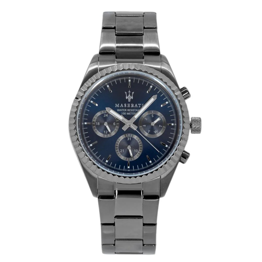 Maserati Competizione R8853100019 men's watch featuring full gunmetal grey stainless steel case and strap with a blue multifunction dial
