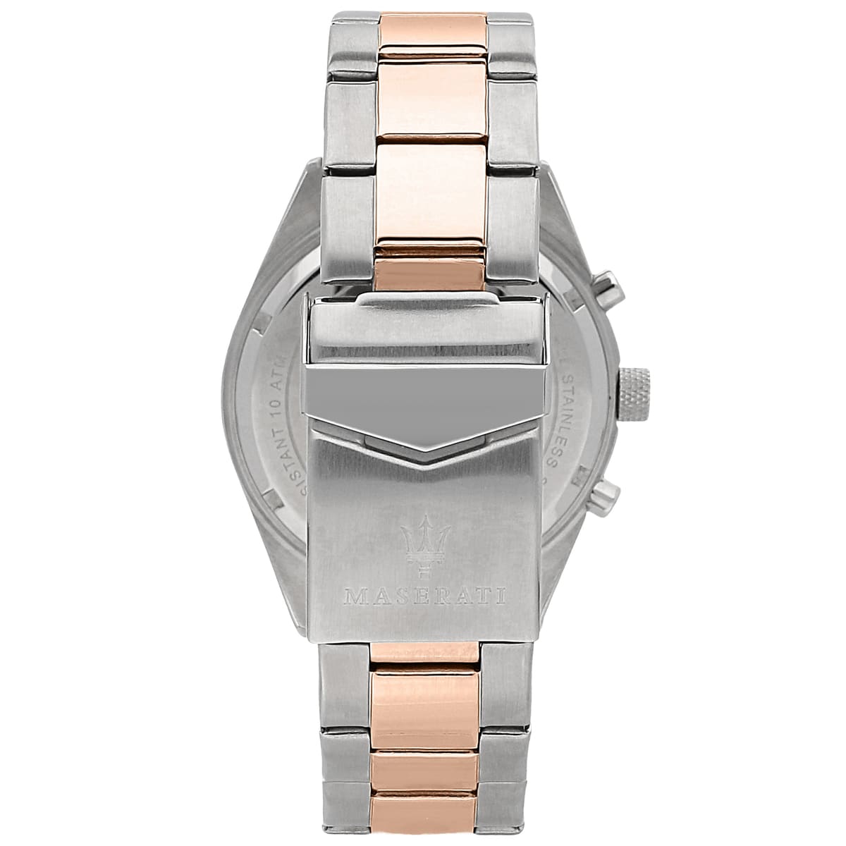 Two-tone butterfly deployment clasp on Maserati Competizione R8853100020 men's quartz battery metal bracelet watch