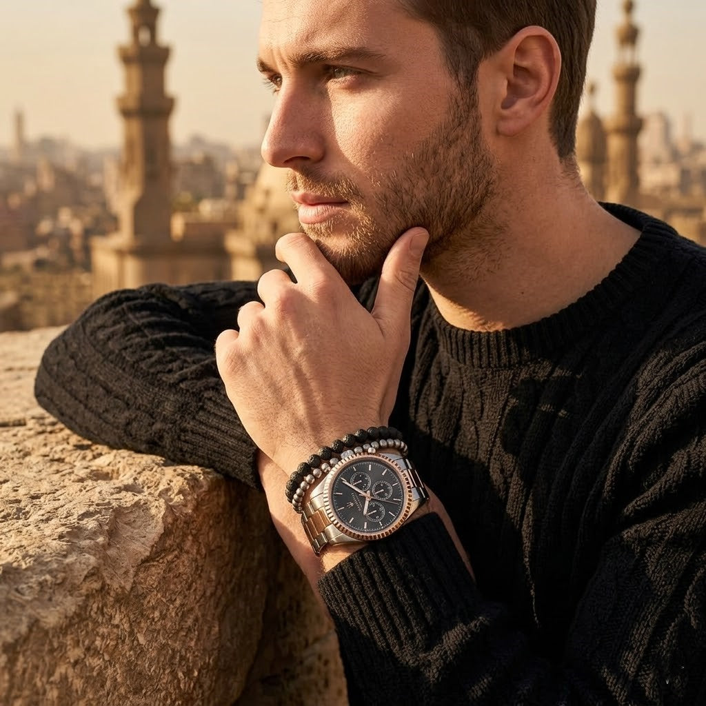Elegant man wearing Maserati Competizione R8853100020 men's quartz battery watch with two-tone case and luxury black dial