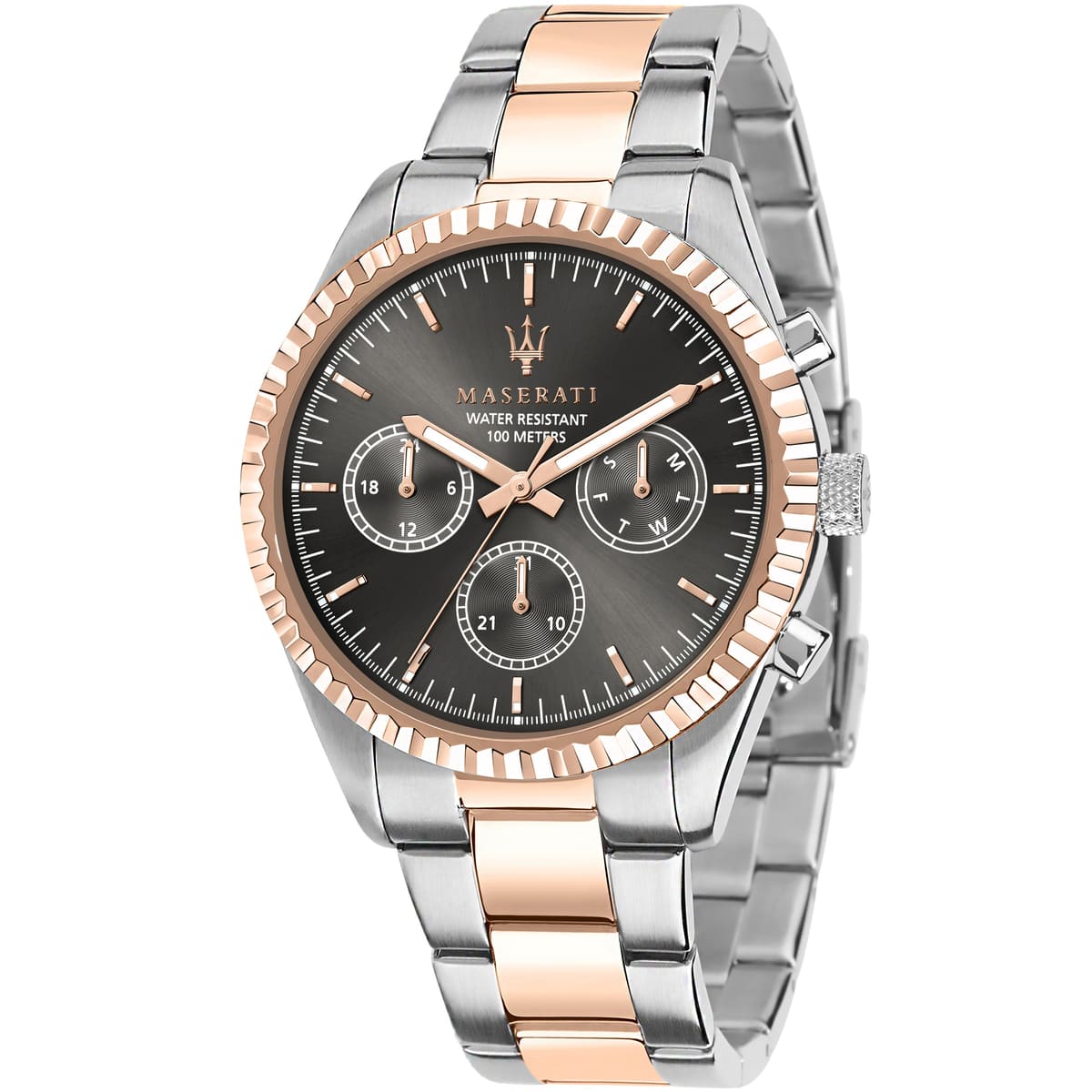 Maserati Competizione R8853100020 men's quartz battery watch with black dial, silver and rose gold-tone case, two-tone stainless steel bracelet main view