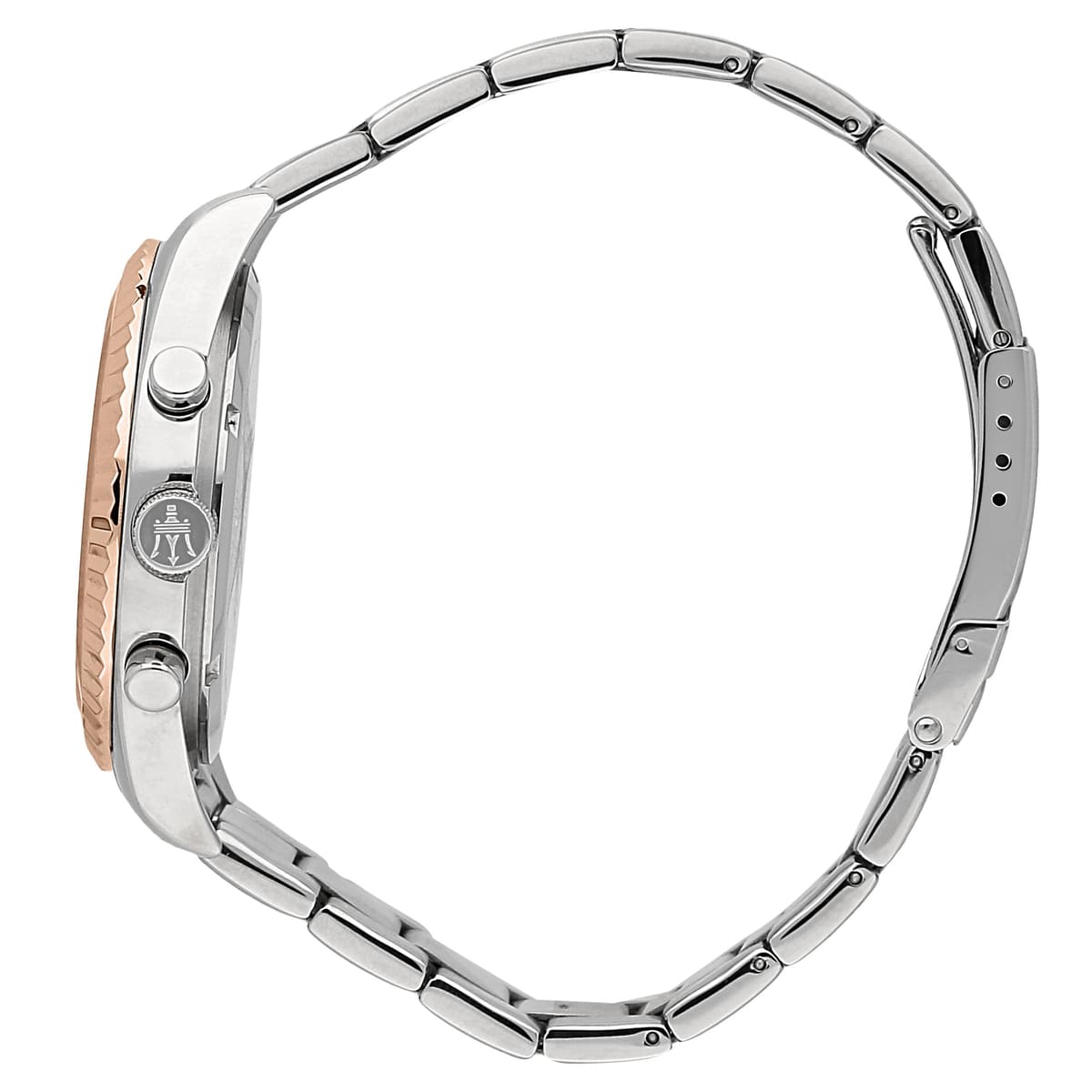 Side profile of Maserati Competizione R8853100020 men's quartz battery watch showing 11mm thickness and two-tone finish