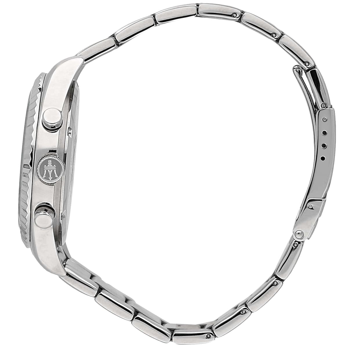 Left angled view of Maserati Competizione R8853100023 men's quartz battery watch showing silver stainless steel bracelet and case profile