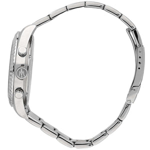 Left angled view of Maserati Competizione R8853100023 men's quartz battery watch showing silver stainless steel bracelet and case profile